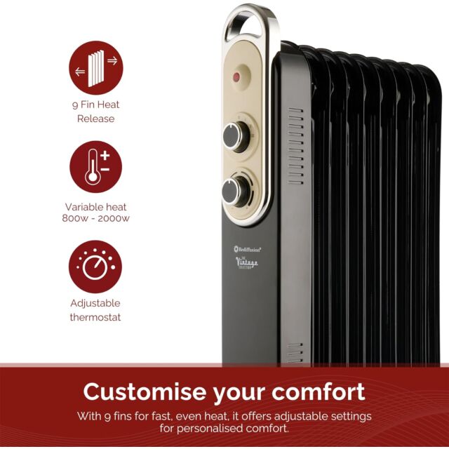 Rediffusion REDB14KBLKE 2kW Oil Filled Radiator in Black Vintage Style