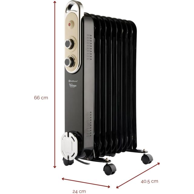 Rediffusion REDB14KBLKE 2kW Oil Filled Radiator in Black Vintage Style