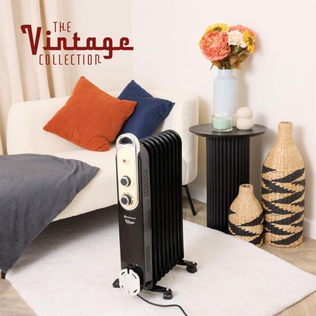 Rediffusion REDB14KBLKE 2kW Oil Filled Radiator in Black Vintage Style