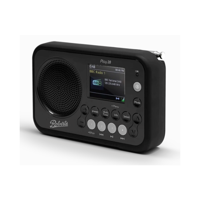 Roberts PLAY20B DAB+ FM Portable Radio in Black with Rubber Bumper