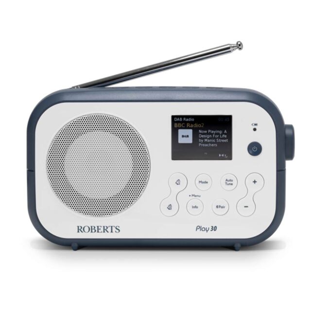 Roberts PLAY30WB DAB+ FM Bluetooth Portable Radio Battery Charger in White with Blue Bumper