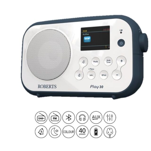 Roberts PLAY30WB DAB+ FM Bluetooth Portable Radio Battery Charger in White with Blue Bumper
