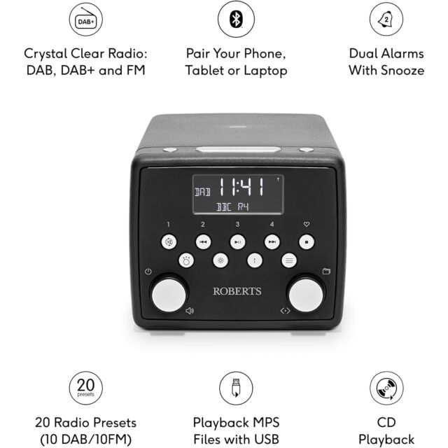 Roberts SOUND49B Alarm Clock CD DAB+ Bluetooth in Black