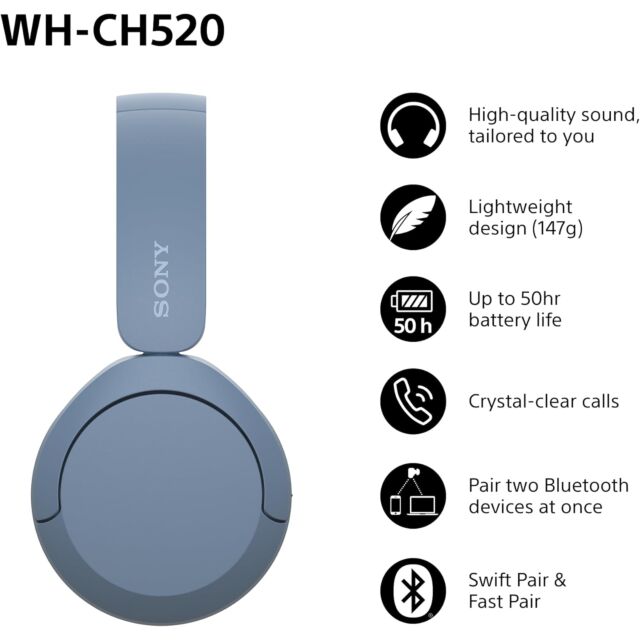 Sony WHCH520L Bluetooth Over Ear Headphones in Blue