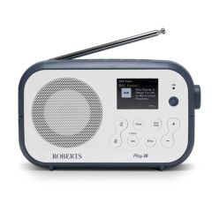 Roberts PLAY30WB DAB+ FM Bluetooth Portable Radio Battery Charger in White with Blue Bumper